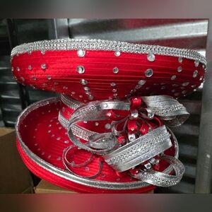Elegant Red and Silver Hat with Rhinestone Accents